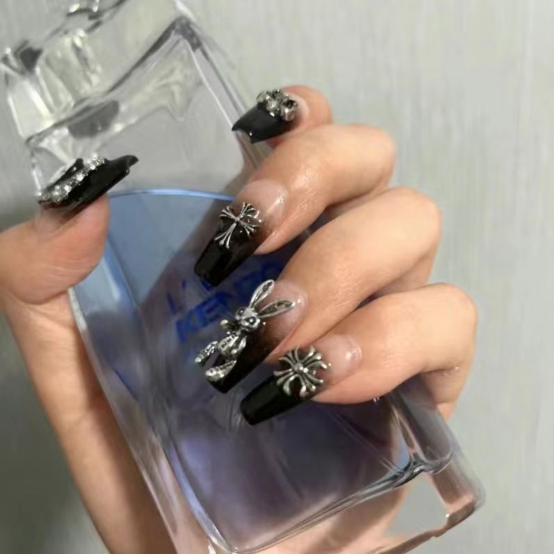 Black Baroque Handmade Press on Nails 10Pcs Long Ballerina Nails  