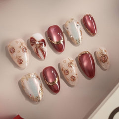 Rose Bow Cat Eye（Handmade press on nails）/10Pcs Almond Nails