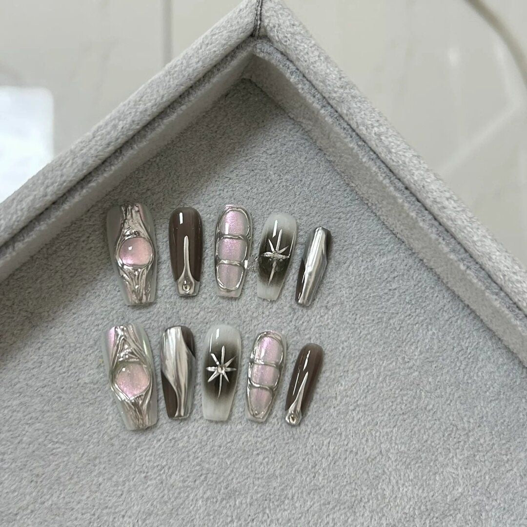 Silver Star（Handmade Custom Nails）/10Pcs Coffin Nails