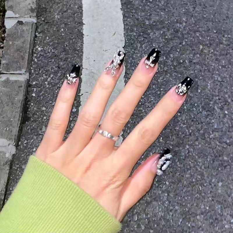 Black Baroque Handmade Press on Nails 10Pcs Long Ballerina Nails  