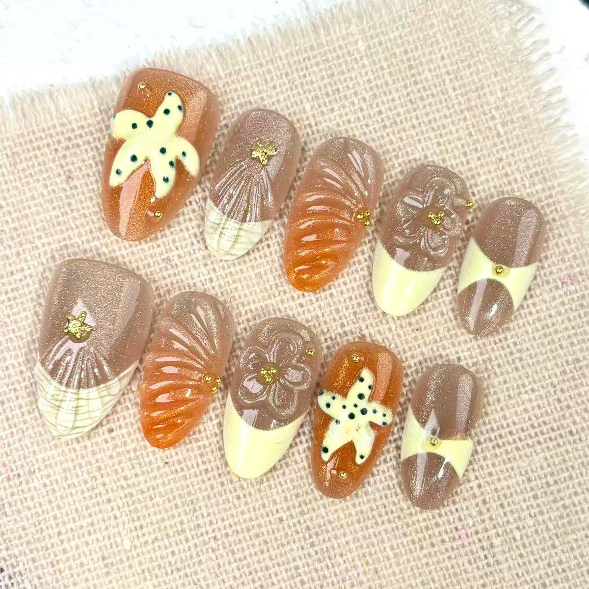 Cream French Smudged Cat Eye Press on Nails 10Pcs Short Almond Nails