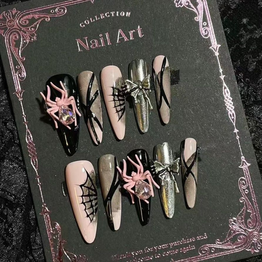 Pink Spider（Handmade Custom Nails）/10Pcs Stiletto Nails