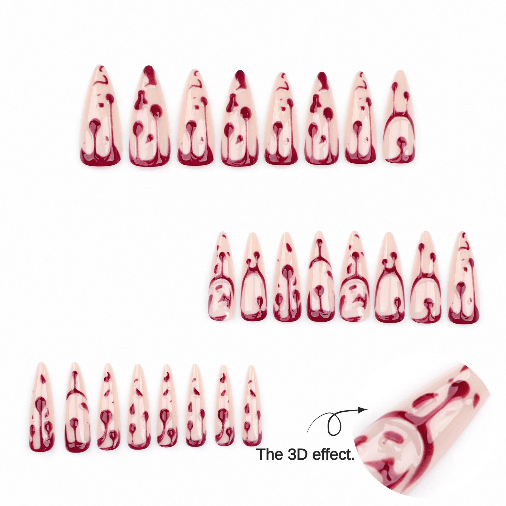 3D red blood Press on Nails 24Pcs Long Stiletto  Nails  