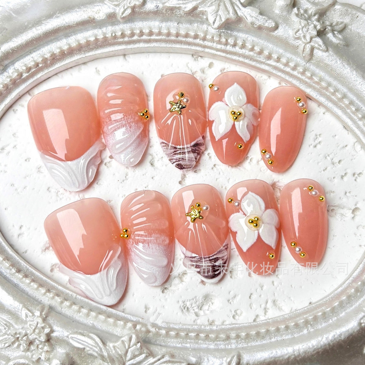 White Lily Flower（Handmade press on nails）/10Pcs Almond Nails