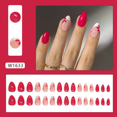 French Red Flower Press on Nails 24Pcs Short Almond Nails