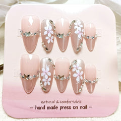 Flower Diamond French Cat Eye（Handmade press on nails）/10Pcs Almond Nails