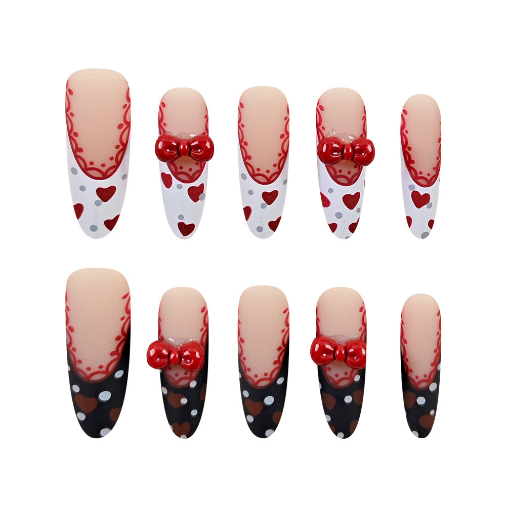 Lace Black Red French（Handmade press on nails）/10Pcs Stiletto Nails