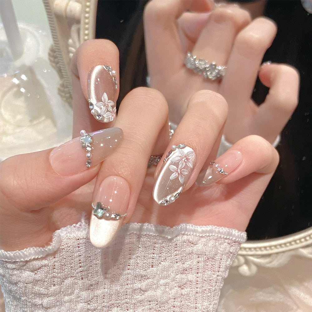 Flower Diamond French Cat Eye（Handmade press on nails）/10Pcs Almond Nails