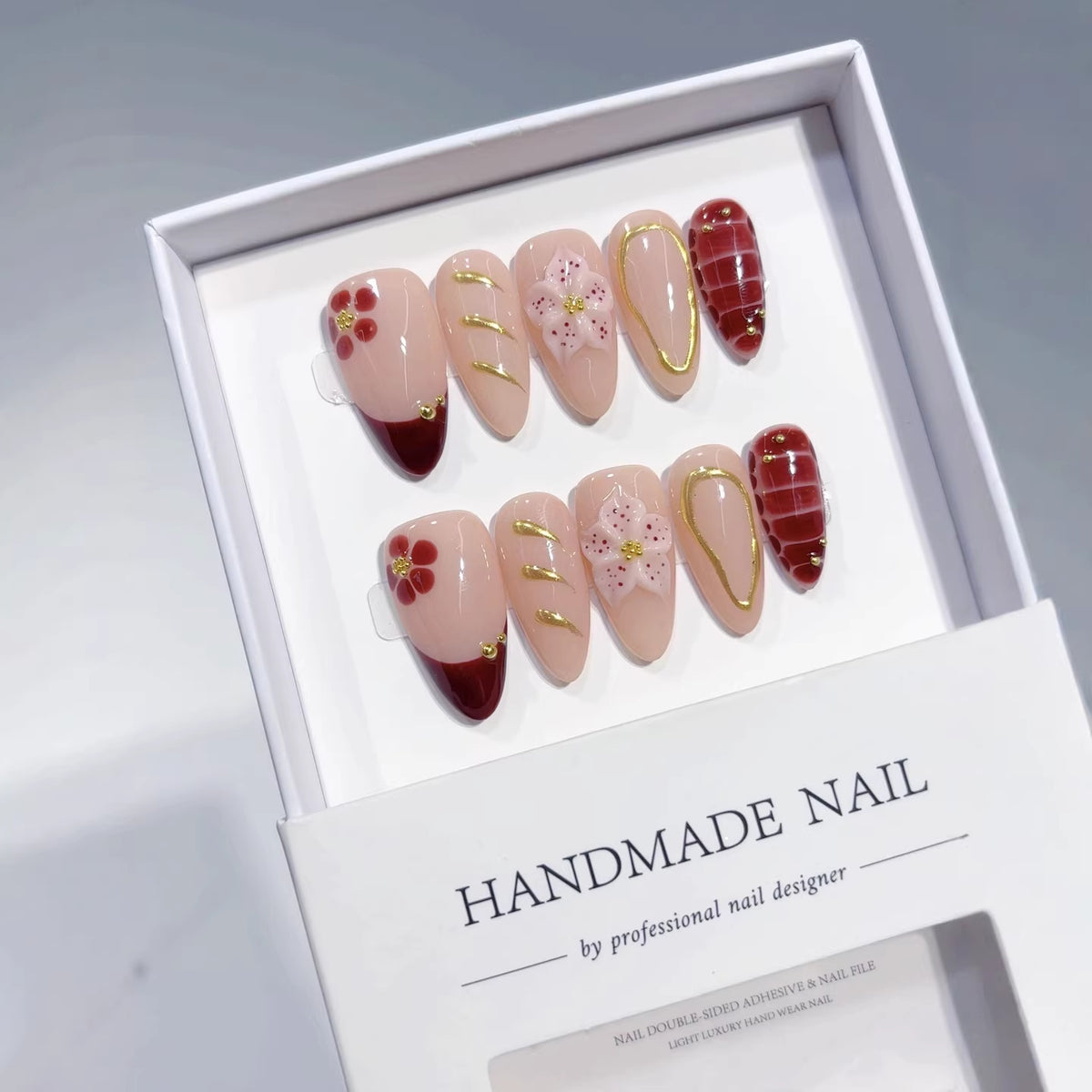 Nude Powder Carved（Handmade press on nails）/10Pcs Almond Nails