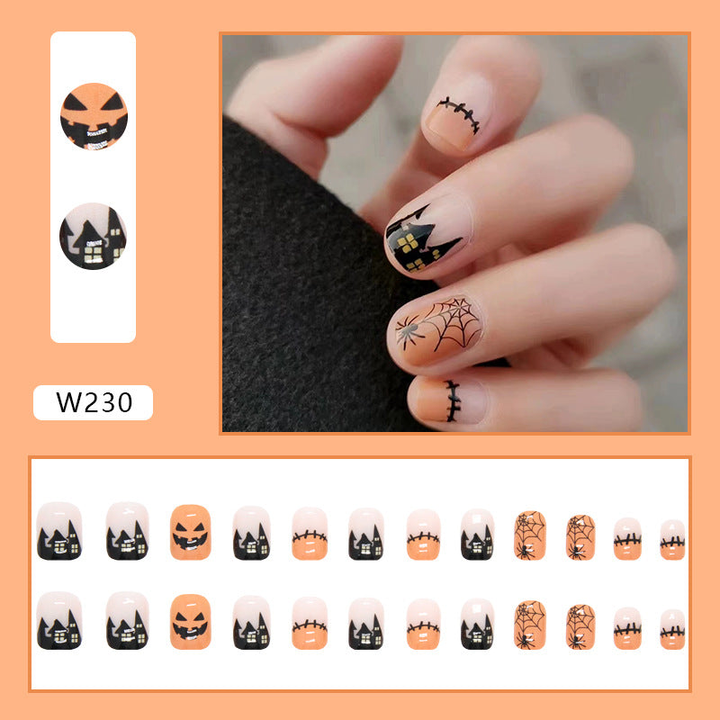 Ghost Face Spider Web Press on Nails 24Pcs Short Squoval Nails  