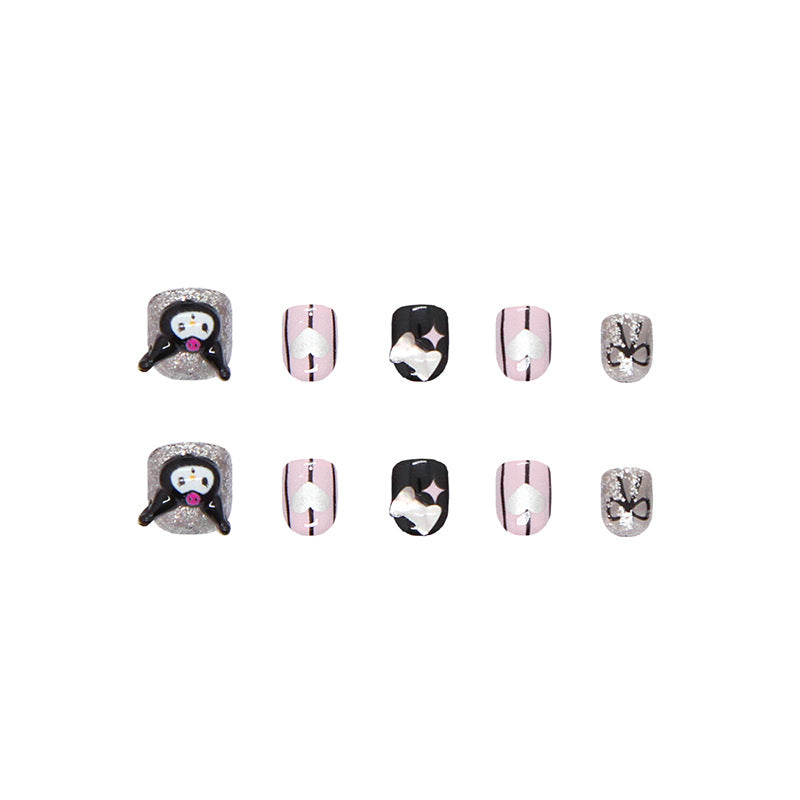 Kuromi Striped Bow（Handmade Press On Nails）/10Pcs Short Children's Nails