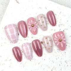 Plaid Cat Eye on Nails 10Pcs Medium Almond Nails