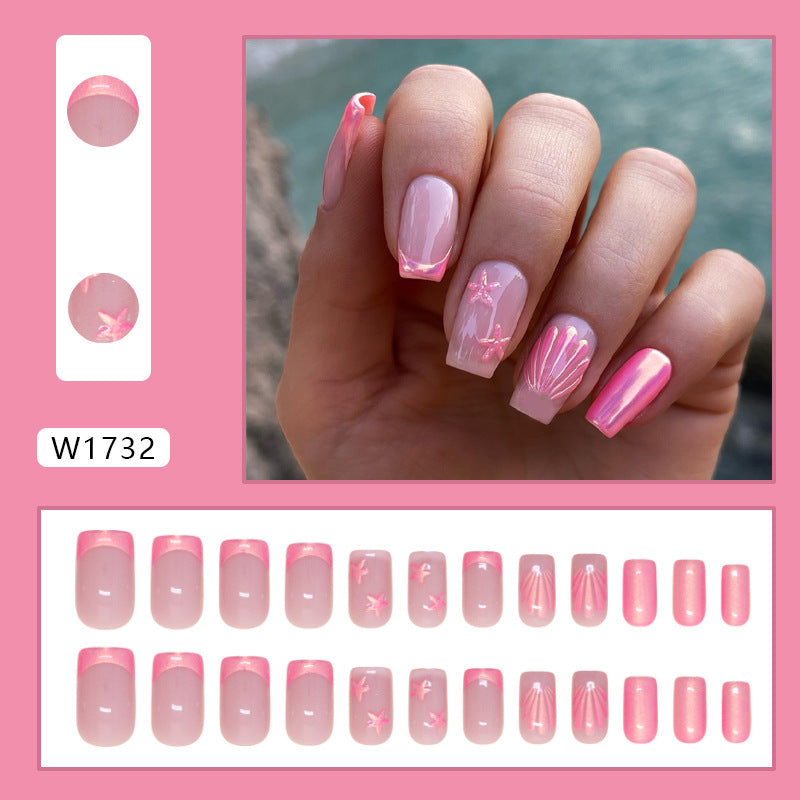 French Aurora Shells Pink Press on Nails 24Pcs Medium Squoval  Nails