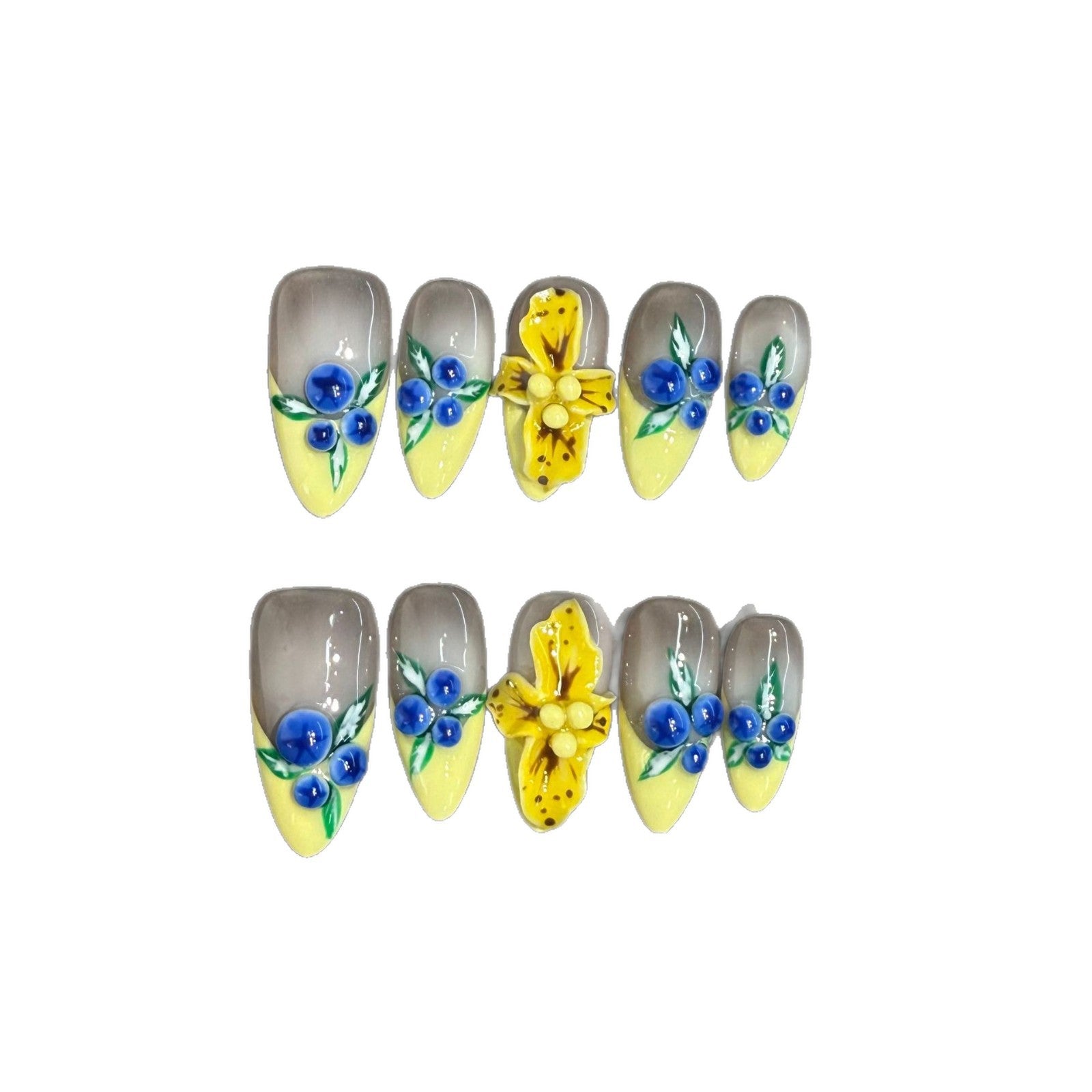 3D Blueberry Yellow Flower（Handmade press on nails）/10Pcs Almond Nails