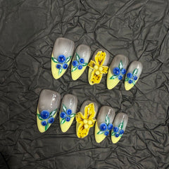 3D Blueberry Yellow Flower（Handmade press on nails）/10Pcs Almond Nails