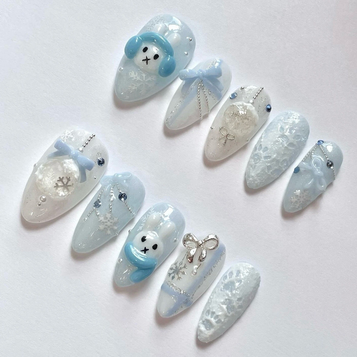 Christmas Snowflake Bunny（Handmade press on nails）/10Pcs Almond Nails