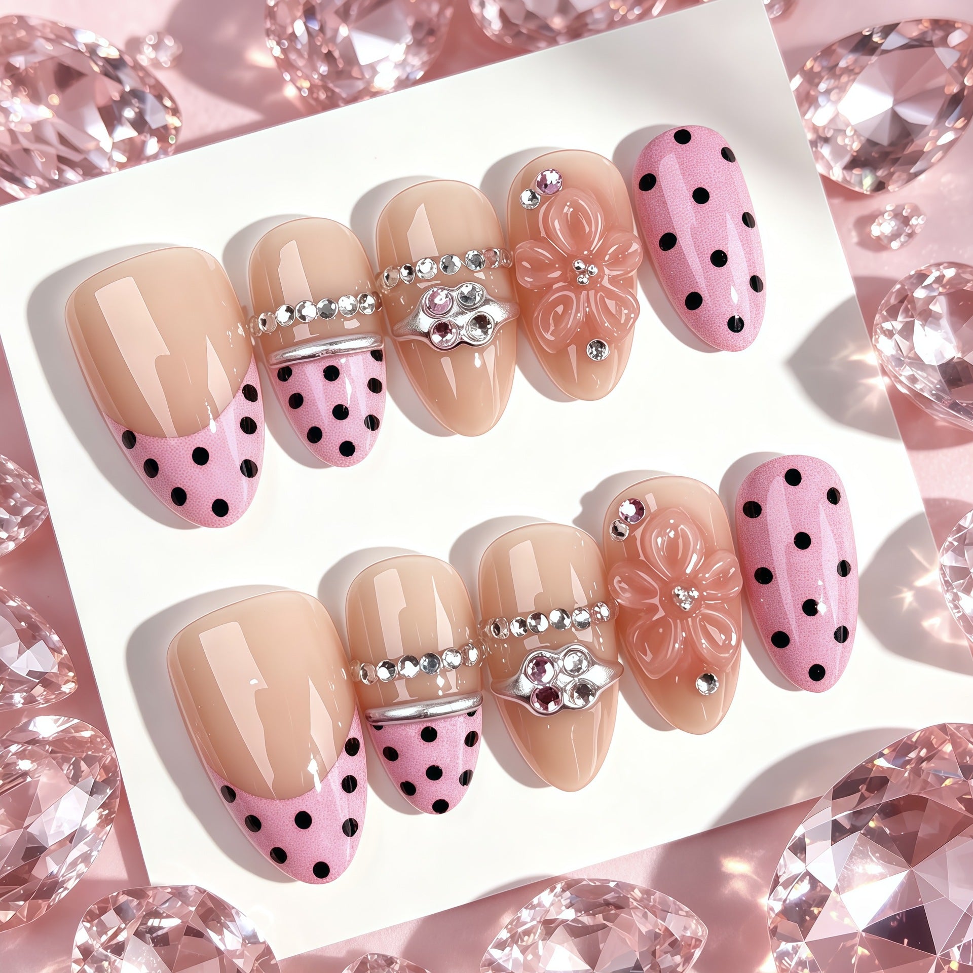Pink Polka Dot 3D Flower Presson on Nails 10Pcs Medium Almond Nails