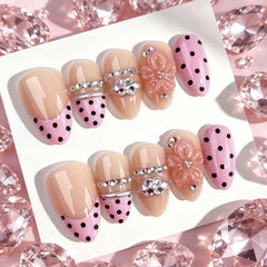 Pink Polka Dot 3D Flower Presson on Nails 10Pcs Medium Almond Nails