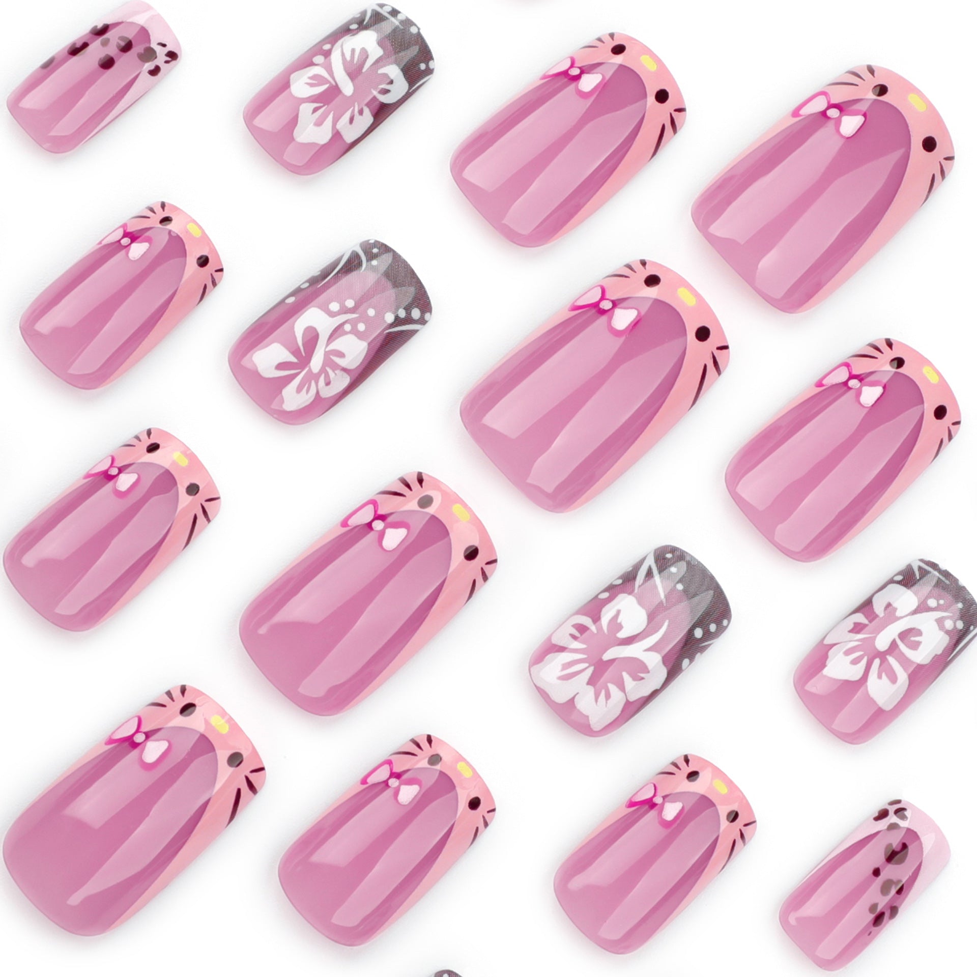 French Kitty Flower Press on Nails 24Pcs Medium Squoval Nails