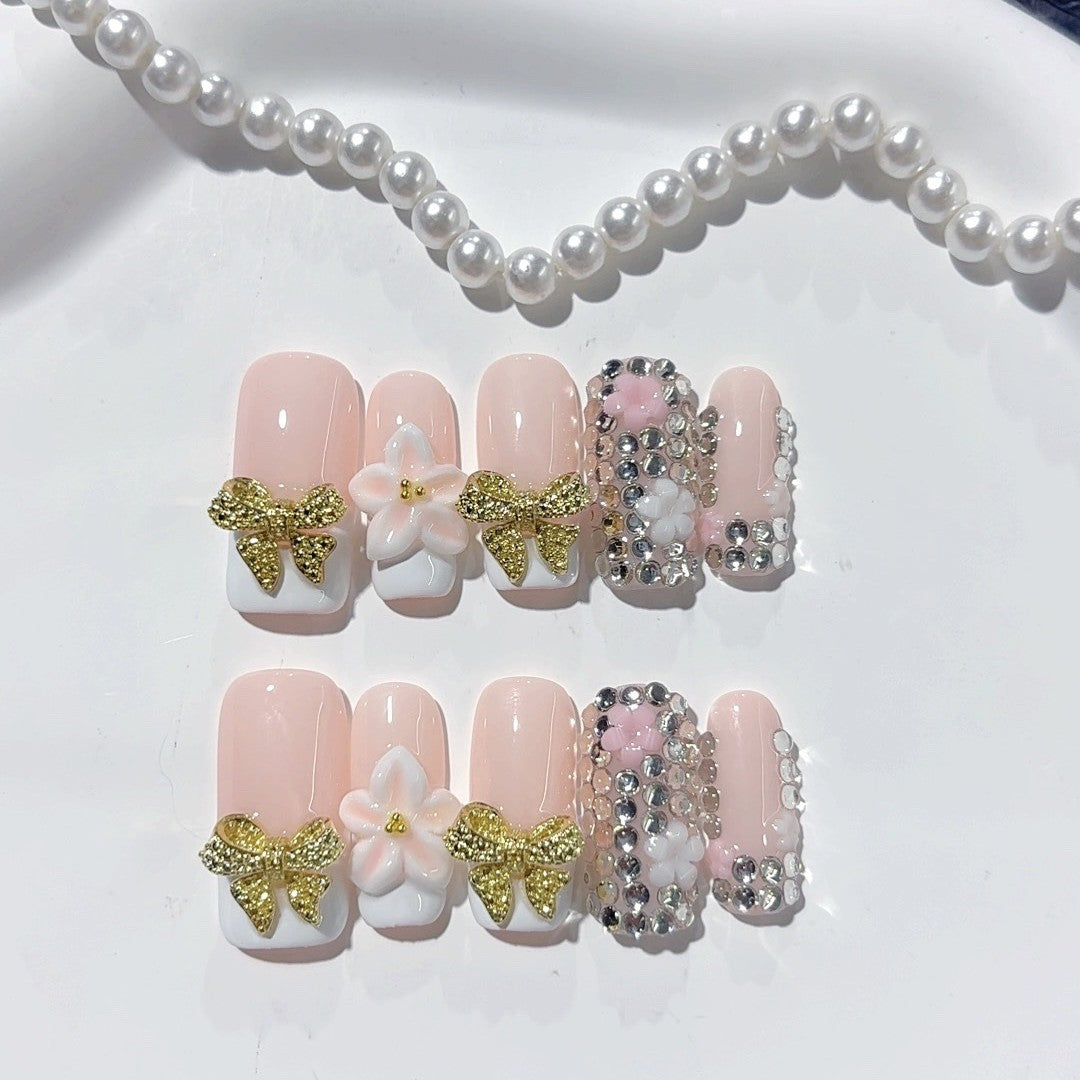Carved Diamond Bow（Handmade press on nails）/10Pcs Ballerina Nails