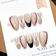 French Glass Bead Cat Eye on Nails 10Pcs Medium Almond Nails
