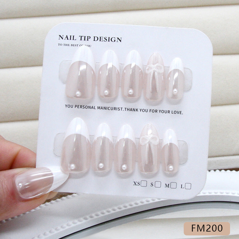 French Pearl Bow（Handmade press on nails）/10Pcs Almond Nails
