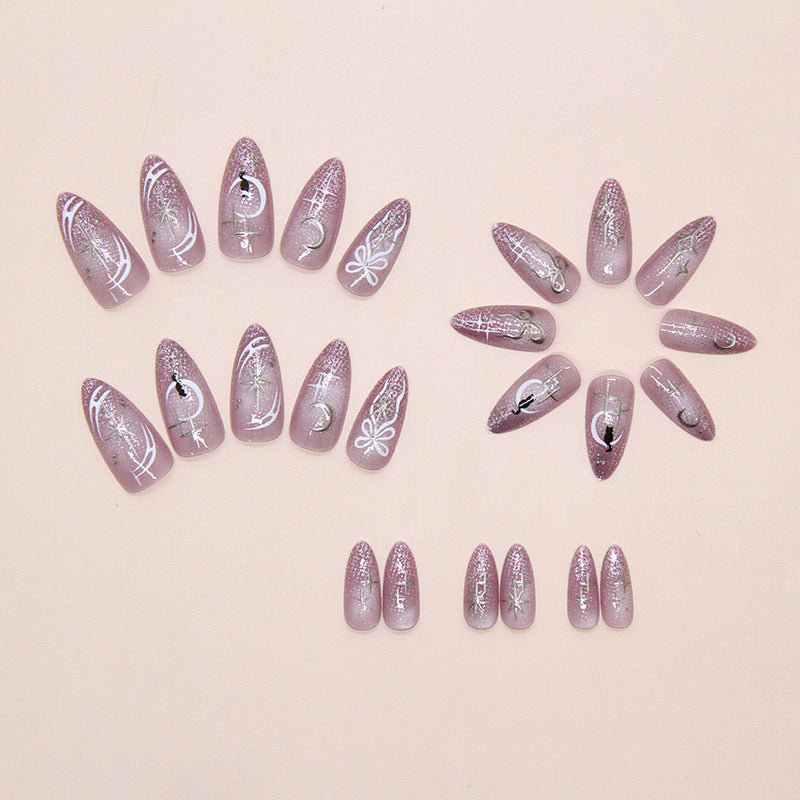 Starry Cat Moon Cat Eye Presson on Nails 24Pcs Medium Almond Nails