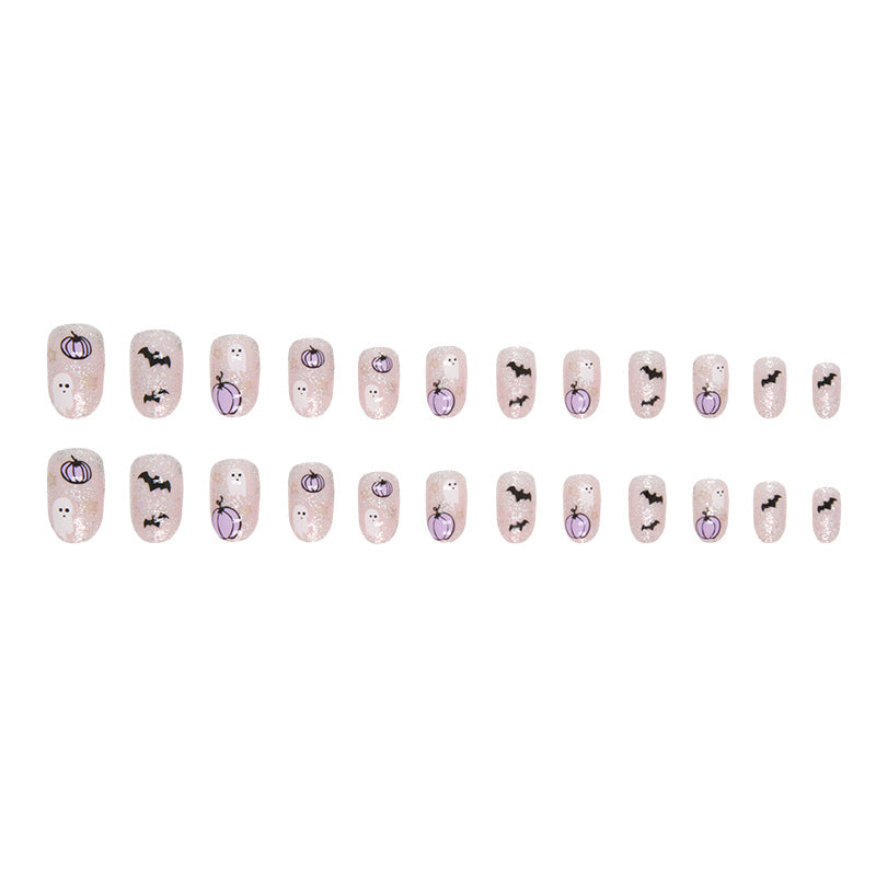 Purple Pumpkin Ghost Press on Nails 24Pcs Medium Oval Nails  