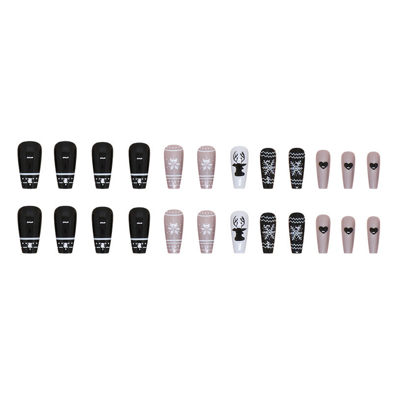 Snowflake Elk Black White Press on Nails 24Pcs Long Ballerina Nails