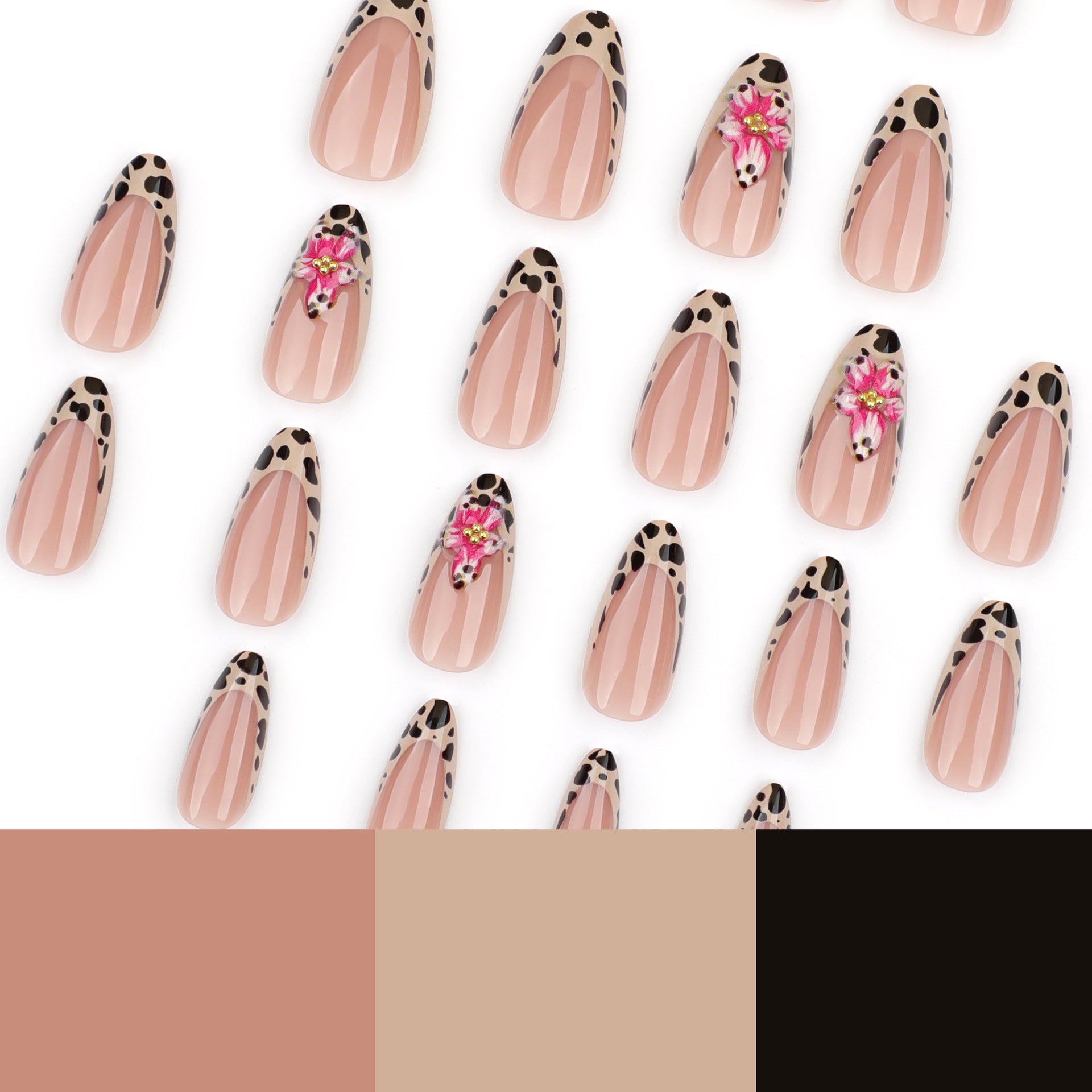 Leopard 3D Flower Press on Nails 24Pcs Medium Almond Nails