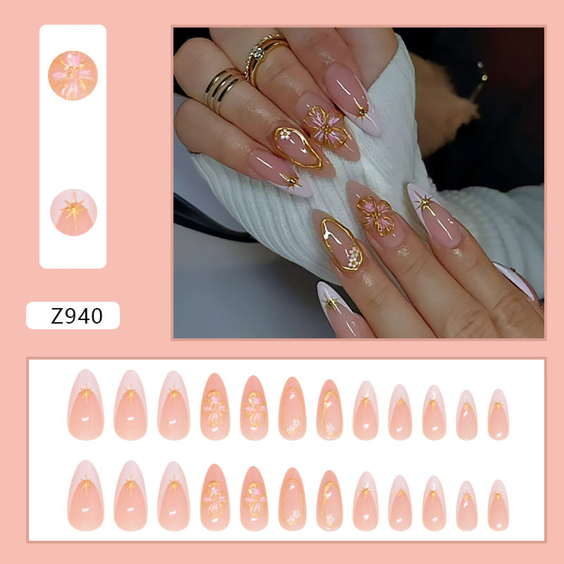 French 3D Flower Nude Press on Nails 24Pcs Medium Almond Nails