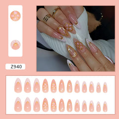 French 3D Flower Nude Press on Nails 24Pcs Medium Almond Nails