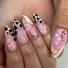 Leopard Print Flower Pink Press on Nails 24Pcs Medium Almond Nails