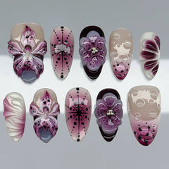 Purple 3D Flower Cool Presson on Nails 10Pcs Medium Almond Nails