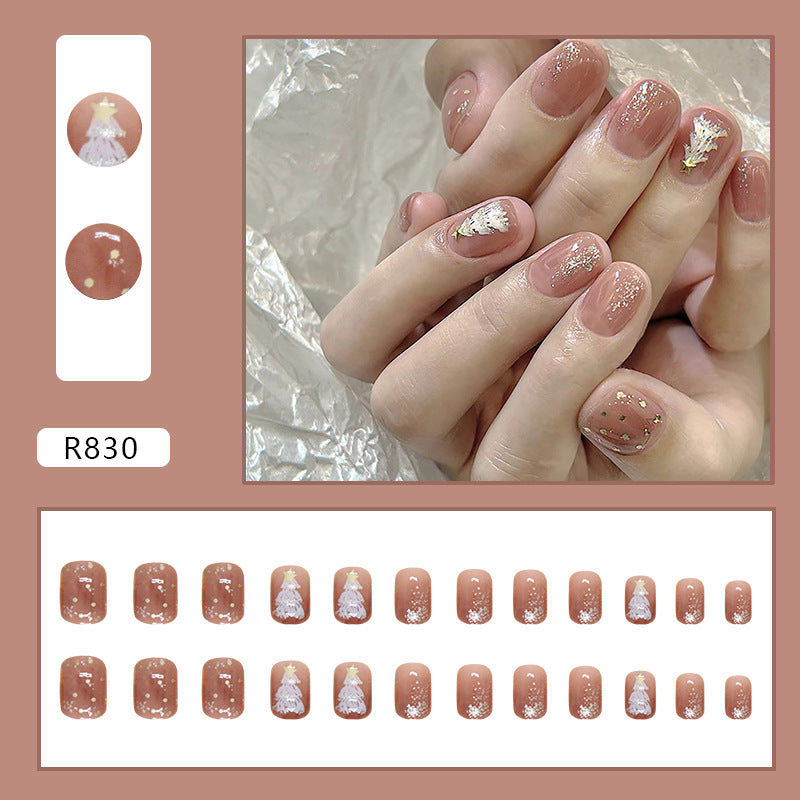 Star Polka Dot Christmas Tree Press on Nails 24Pcs Short Squoval  Nails