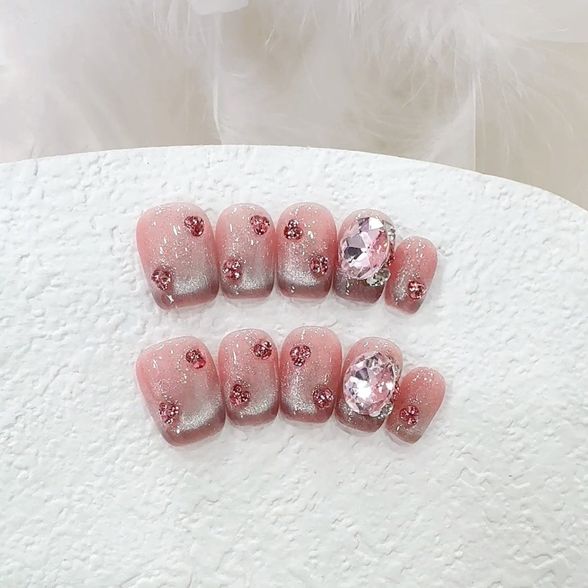 Cat Eye Pink Diamond Handmade press on Nails / 10Pcs Squoval Nails