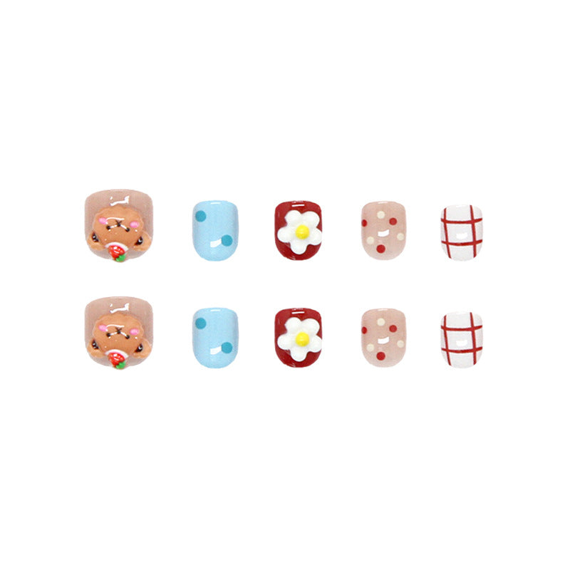 Polka Dot Bear Flowers（Handmade Press On Nails）/10Pcs Short Children's Nails