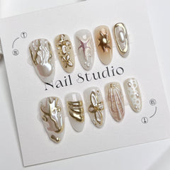 3D Jellyfish Shell Sun（Handmade press on nails）/10Pcs Almond Nails