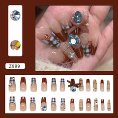 Blue Brown Plaid Diamond Bow Press on Nails 24Pcs Long Ballerina Nails