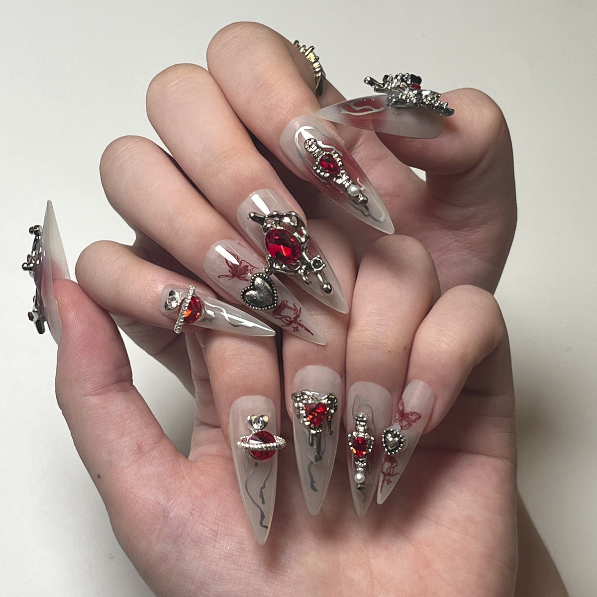 Vampire Red Crystal（Handmade press on nails）/24Pcs Stiletto Nails