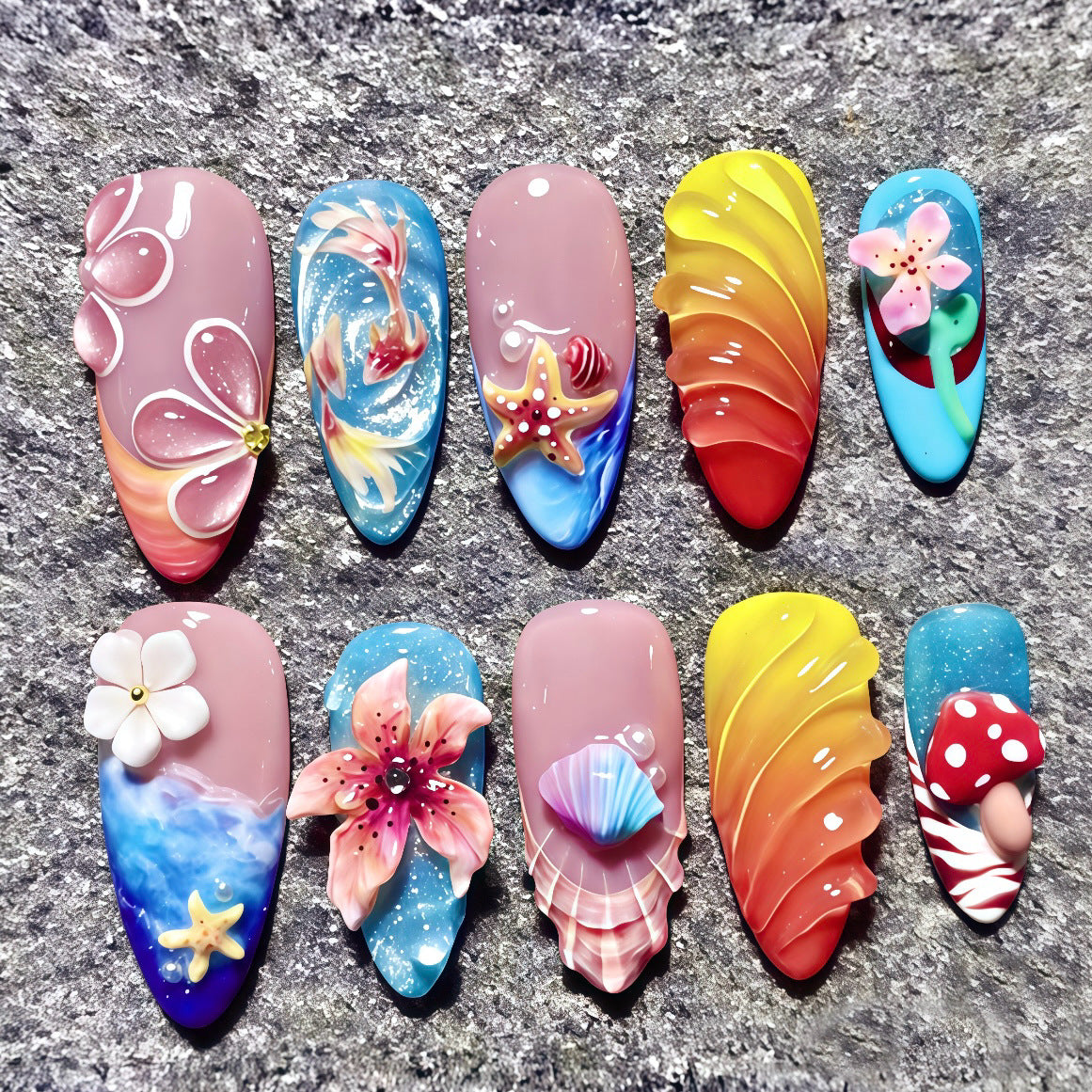 Island Vacation Cat Eye on Nails 10Pcs Medium Almond Nails