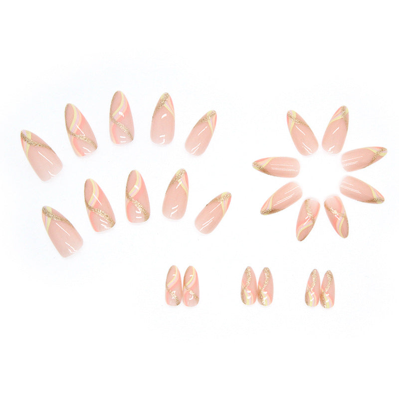 Gold Stripes Press on Nails 24Pcs Medium Almond Nails