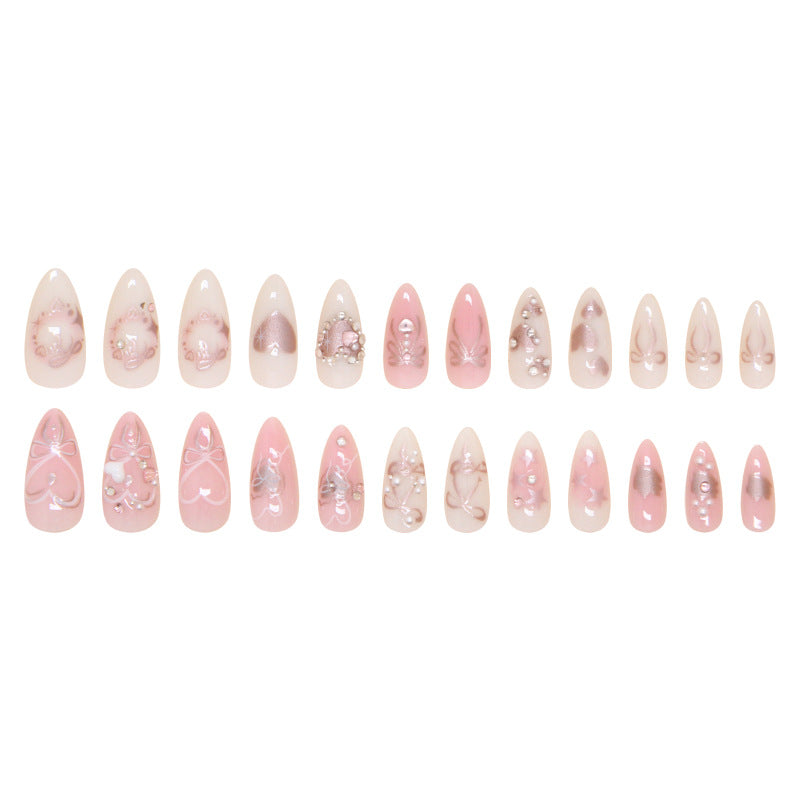 Cute bow diamond Pink Press on Nails 24Pcs Medium Almond Nails