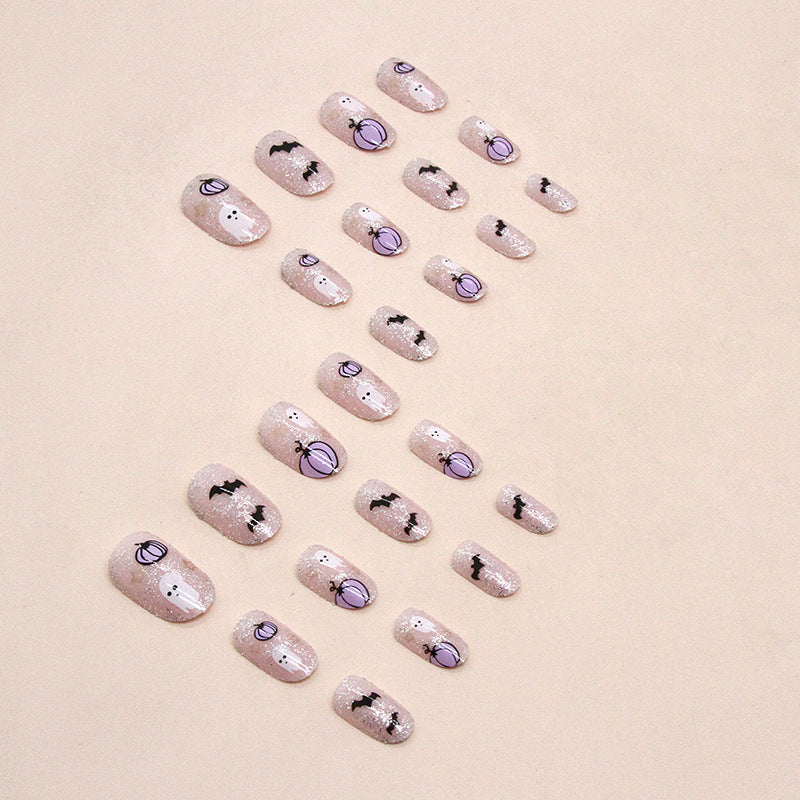 Purple Pumpkin Ghost Press on Nails 24Pcs Medium Oval Nails  