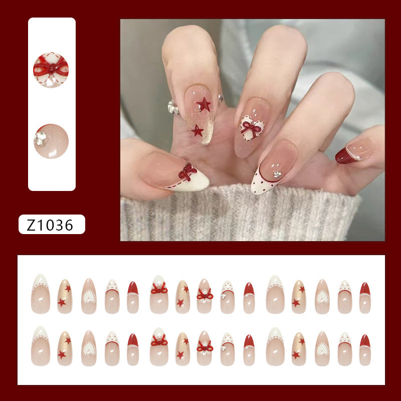 French Polka Dot Bow Press on Nails 24Pcs Medium Almond Nails