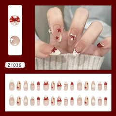 French Polka Dot Bow Press on Nails 24Pcs Medium Almond Nails