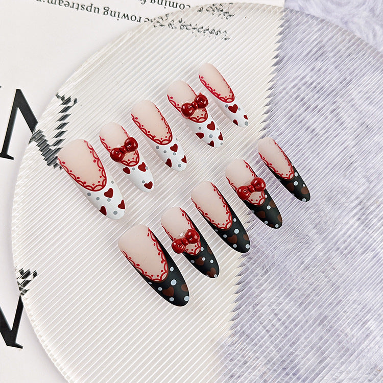Lace Black Red French（Handmade press on nails）/10Pcs Stiletto Nails