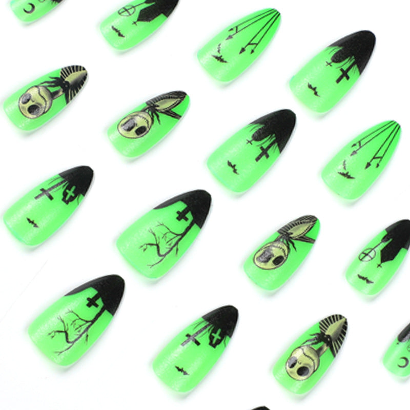 Halloween Fluorescent Green Press on Nails 24Pcs Medium Almond Nails  