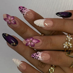 French 3D Purple Flower Press on Nails 24Pcs Medium Almond Nails