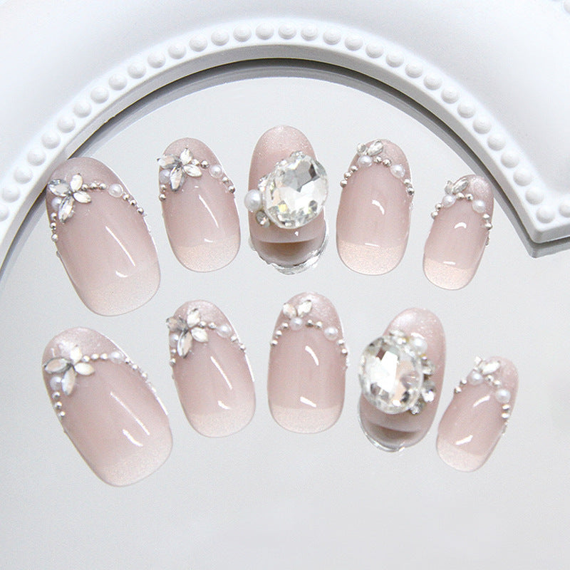 French Pearl Diamond（Handmade press on nails）/10Pcs Oval Nails